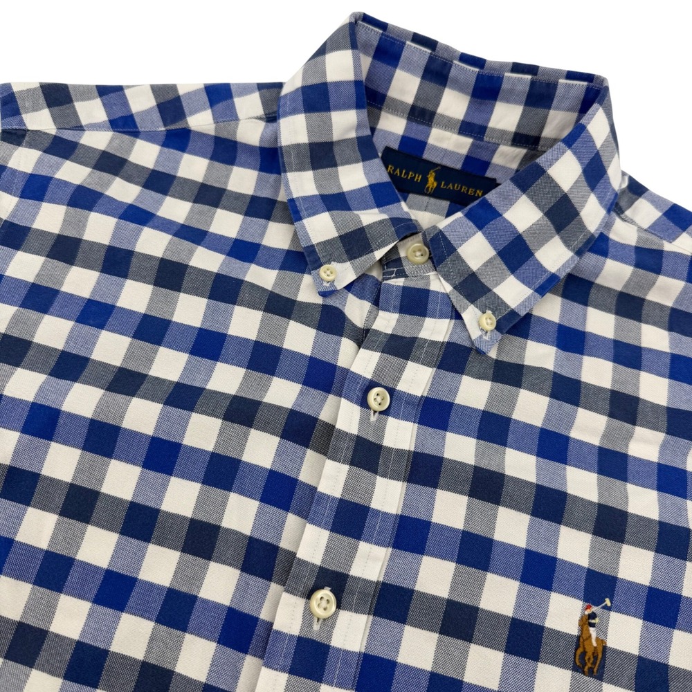 Ralph Lauren Button Down Shirt Mens M Blue Gingham Short Sleeve Flesh Pony Logo